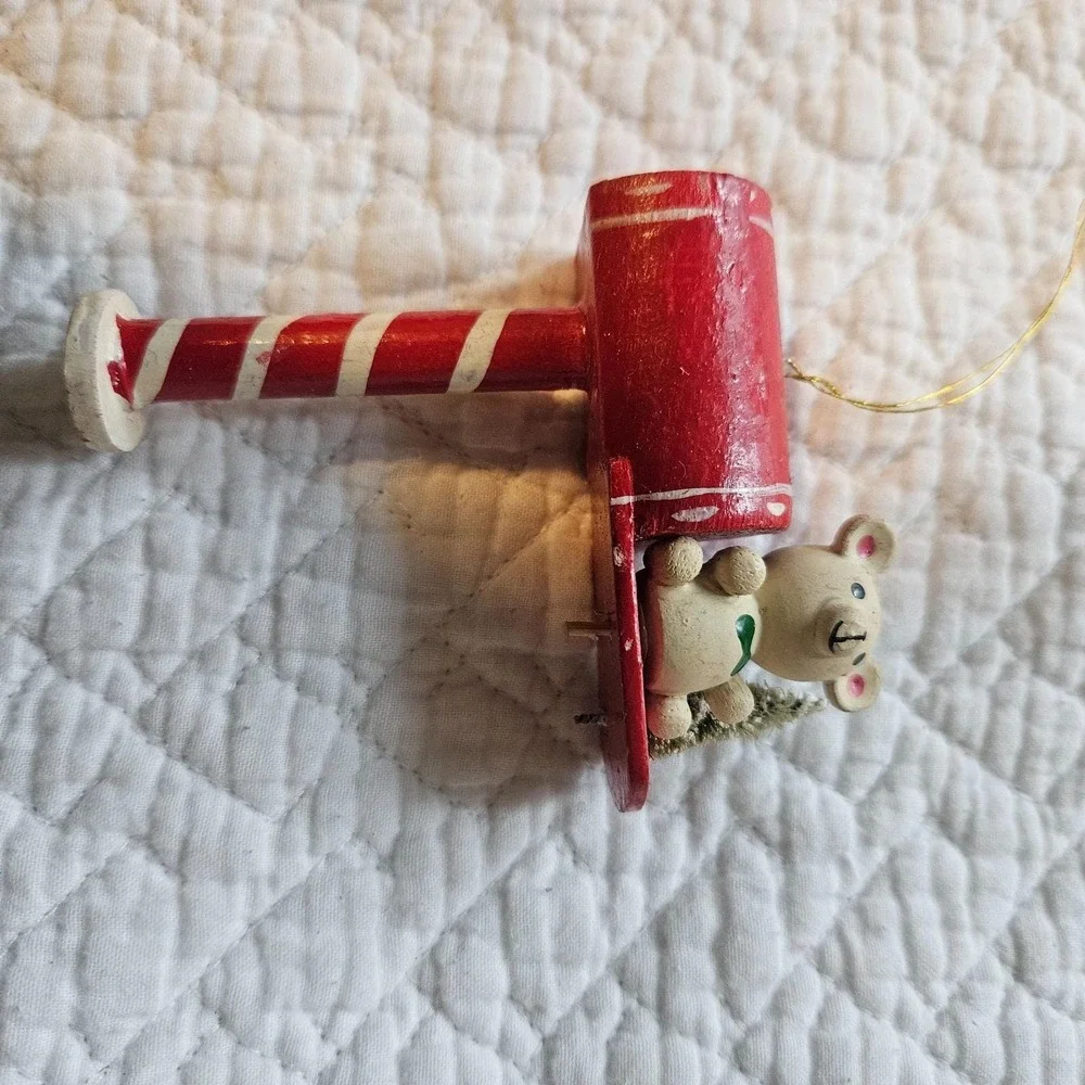 vintage wood Christmas ornaments set of 4 trumpet‎ rocking horse nutcracker mail